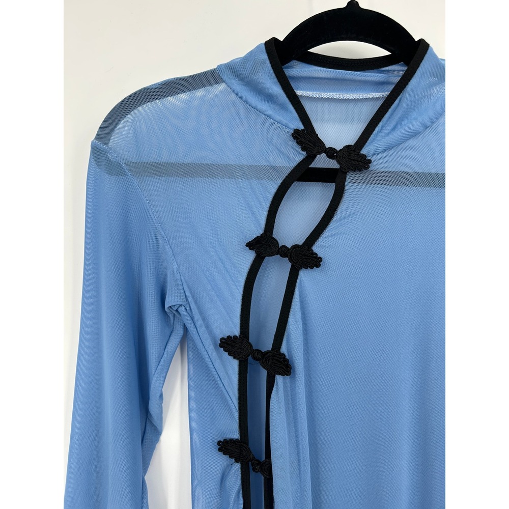 Blue Sheer Mesh Frog Knot Asymmetric Midi Dress Womens Small - Picture 5 of 12